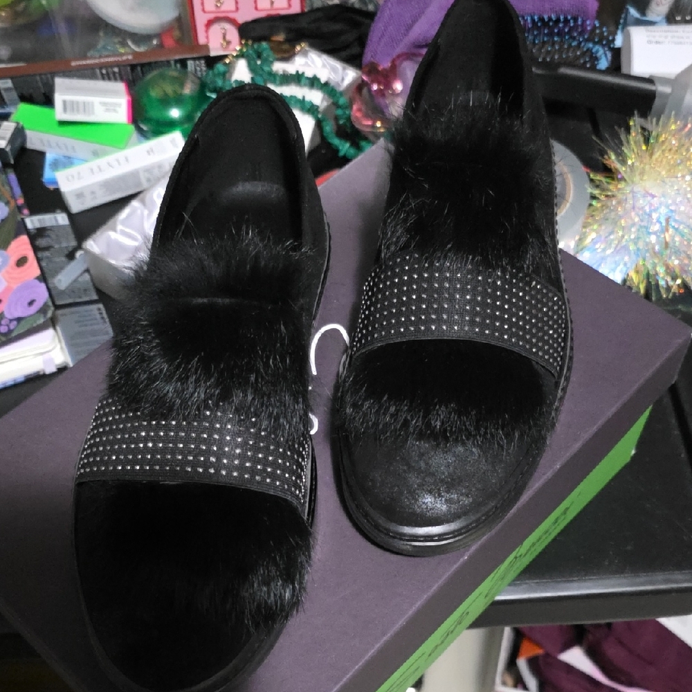 NWOT Sesto Meucci Black Fur-Trimmed Loafers Size 8M